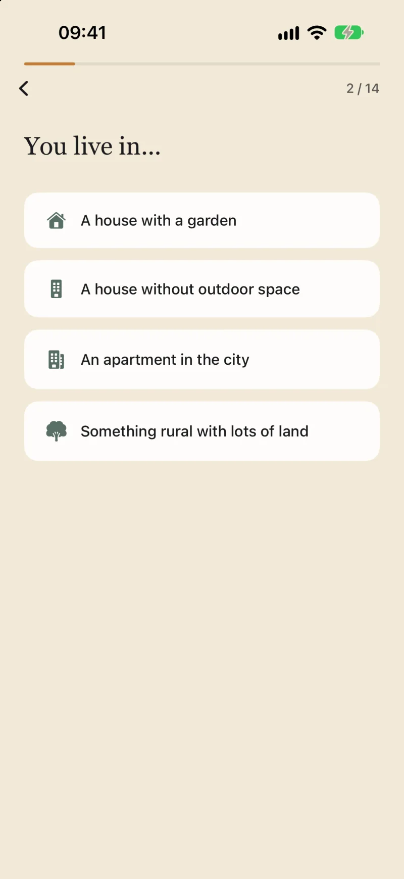 A Pawsonality quiz question asking where you live, from a house with a garden to something rural