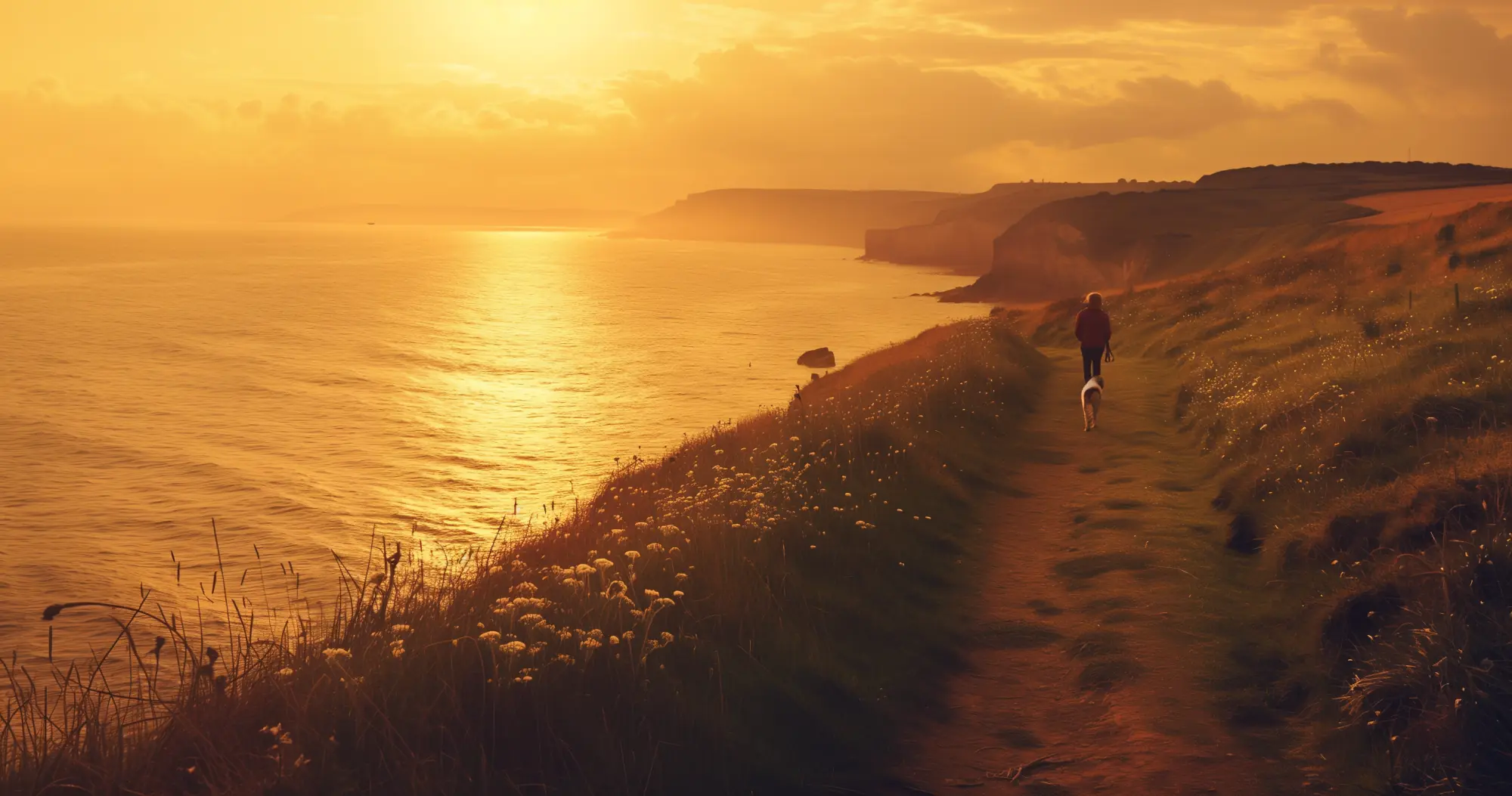 A person and a dog walking a clifftop path above the Atlantic at sunset