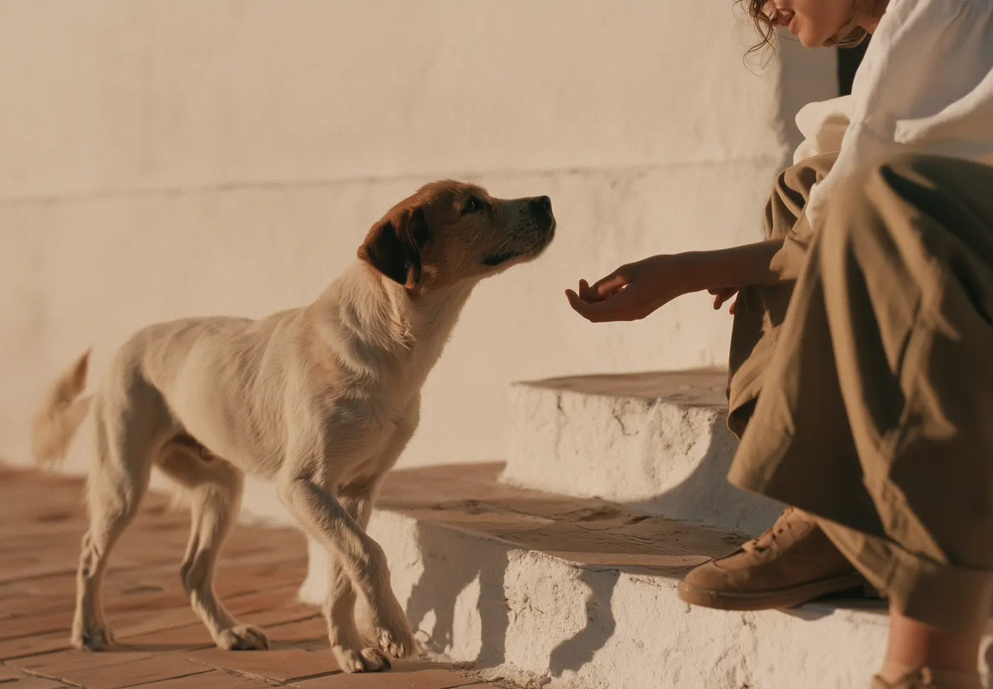 A pale golden dog stepping up to a smiling woman sitting on a whitewashed step, her hand held out to it