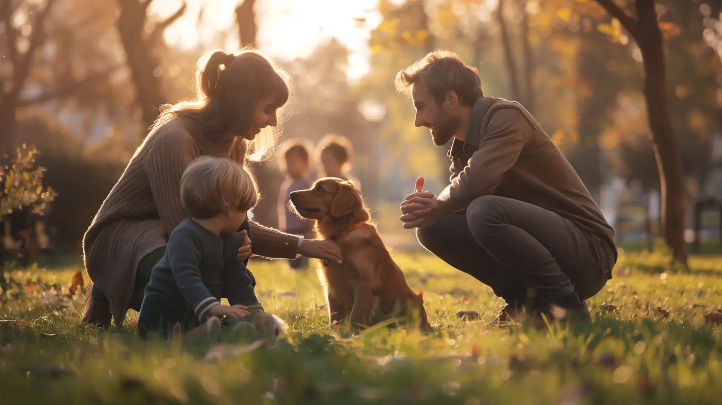A family with two young children crouching in the grass to meet a golden-coated dog