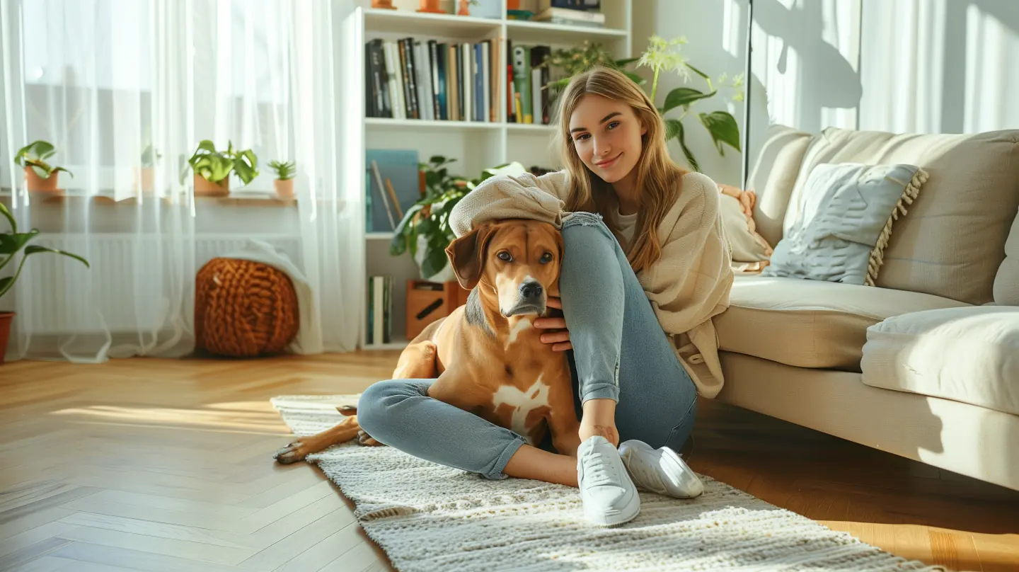 A young woman sitting on her living room floor with her arm around a mixed-breed dog