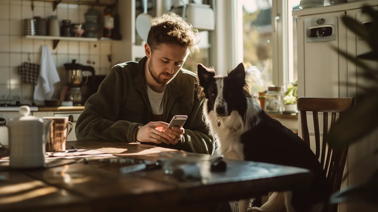 A man at his kitchen table answering questions on his phone, a Border Collie sitting beside him