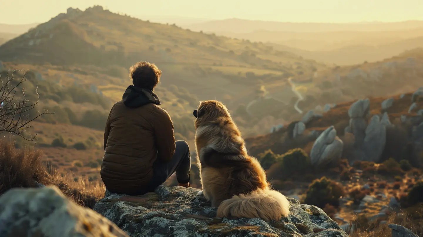 A person and an Estrela Mountain Dog sitting on a granite outcrop, looking out over the Serra da Estrela