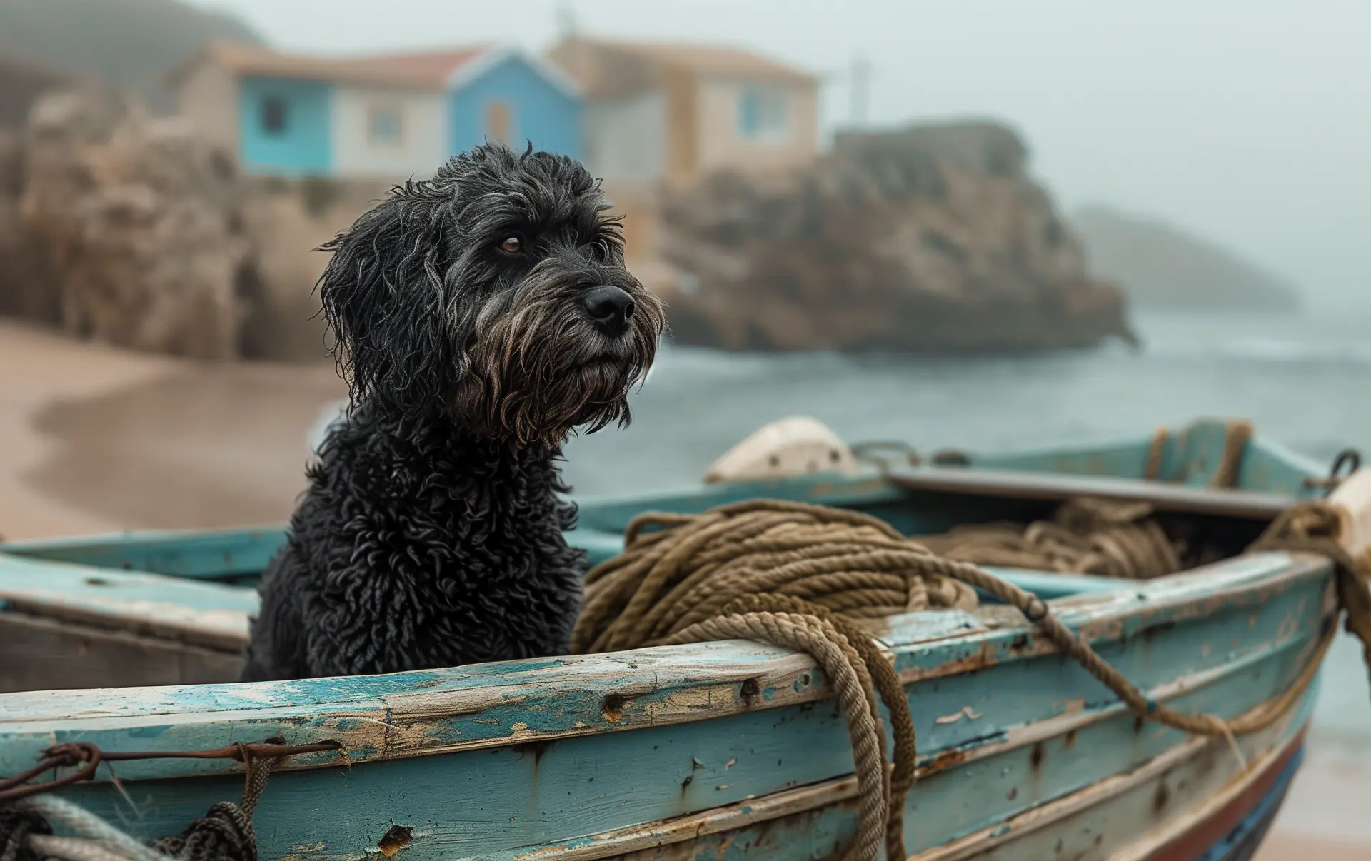 A black Portuguese Water Dog sitting in a weathered fishing boat on the Portuguese coast